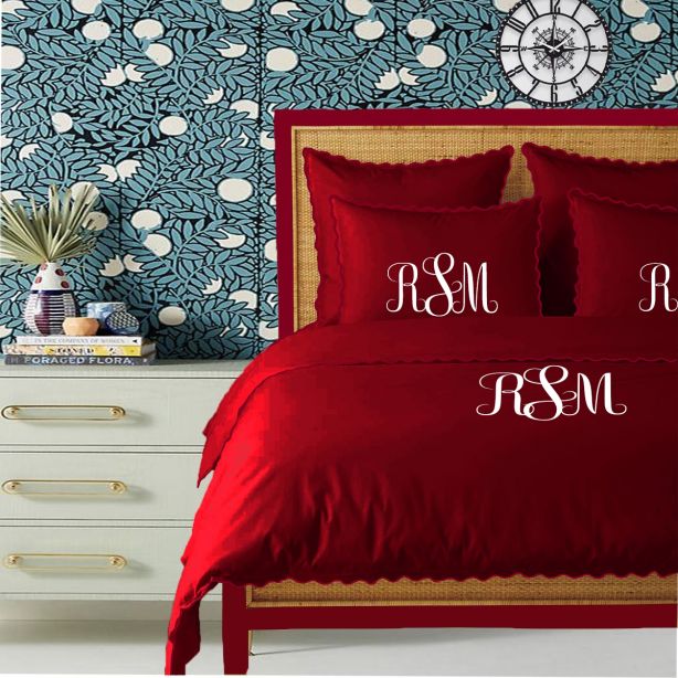 Monogram Burgundy 400TC Cotton Small Scallop Embroidery Duvet Cover Set