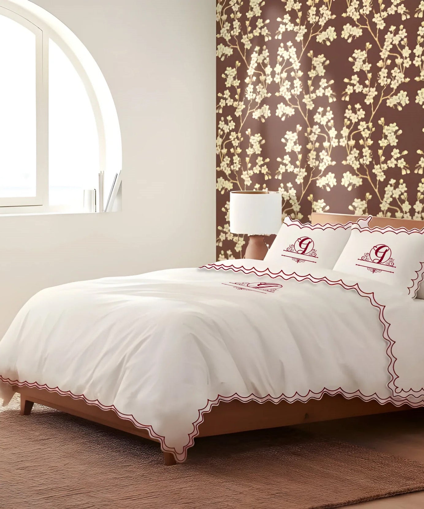 Monogram 400TC Cotton Sateen Double Scallop Embroidery Duvet Cover Set