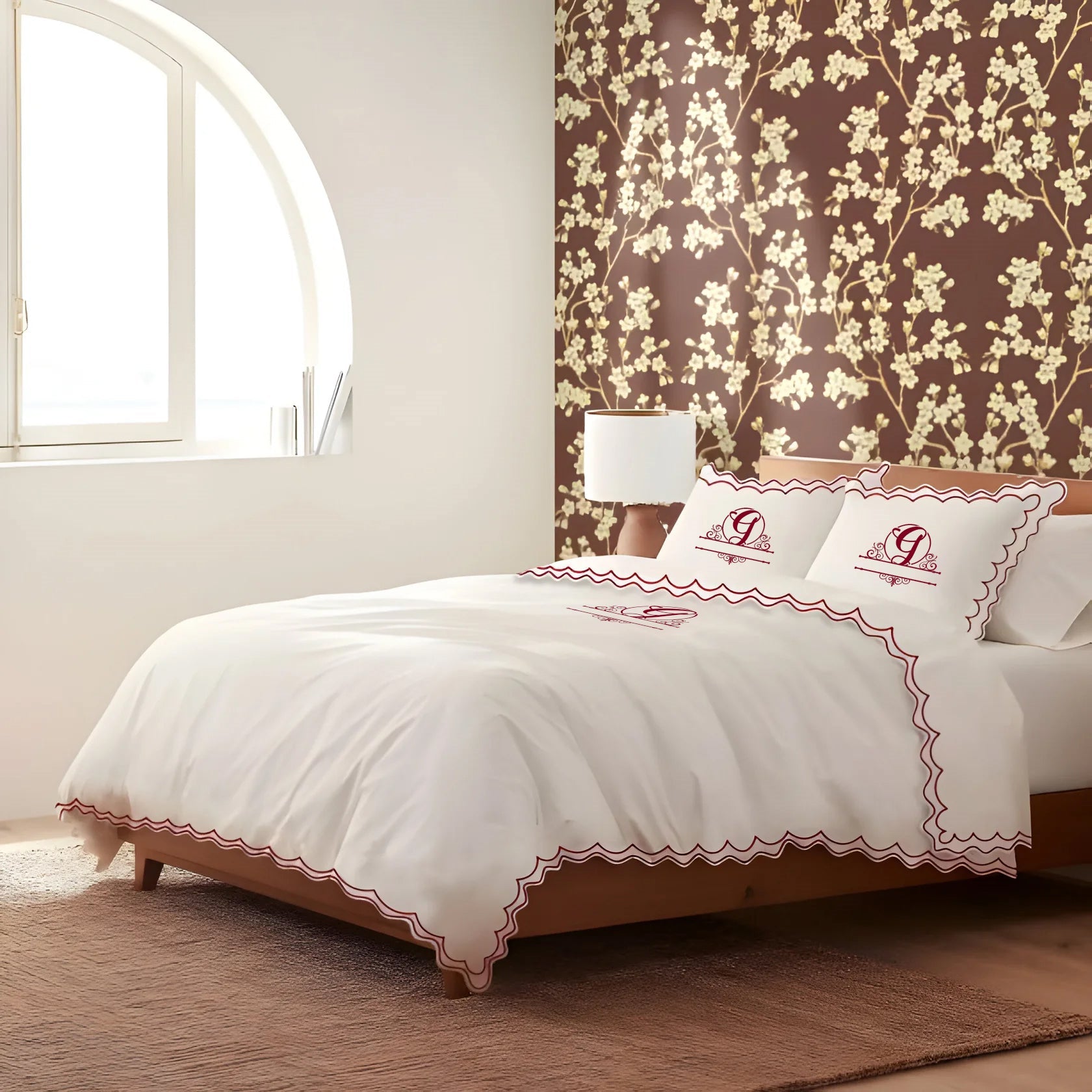 Monogram 400TC Cotton Sateen Double Scallop Embroidery Duvet Cover Set