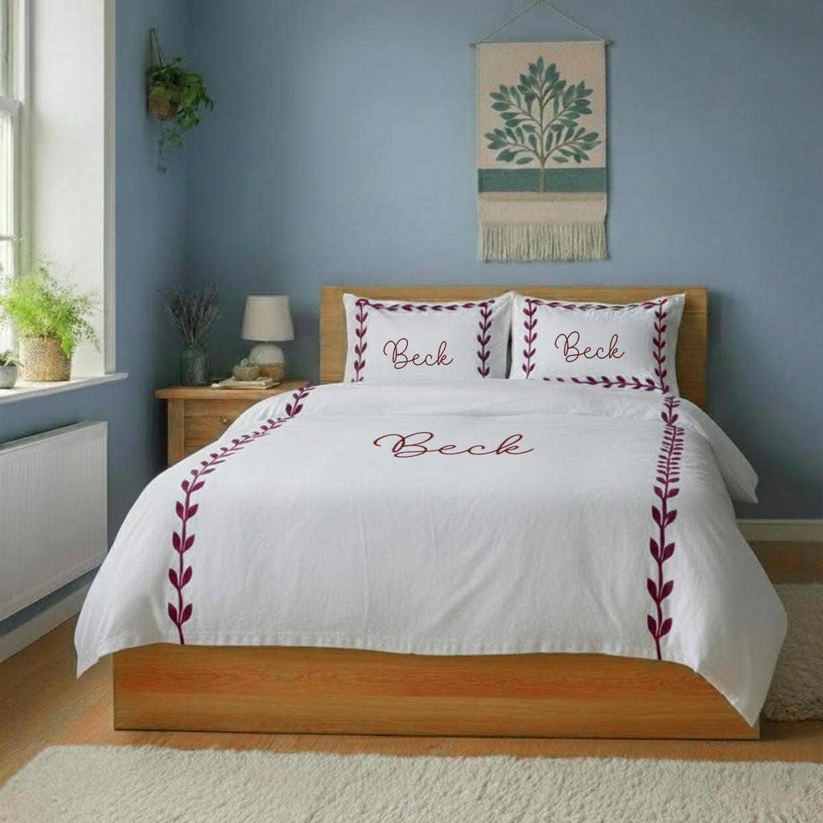 Monogram Layered Leaf Applique Cotton Duvet Cover Set