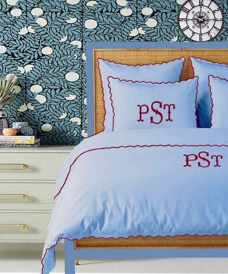 Monogram Light Blue 400TC Cotton Small Scallop Embroidery Duvet Cover Set