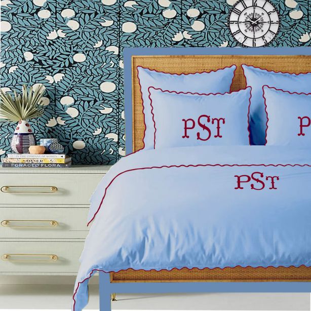 Monogram Light Blue 400TC Cotton Small Scallop Embroidery Duvet Cover Set