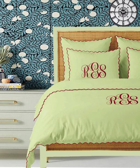 Monogram Sage 400TC Cotton Small Scallop Embroidery Duvet Cover Set