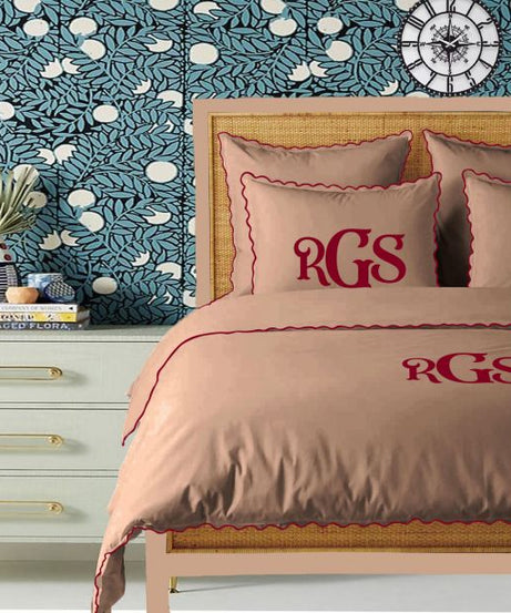 Monogram Taupe 400TC Cotton Small Scallop Embroidery Duvet Cover Set