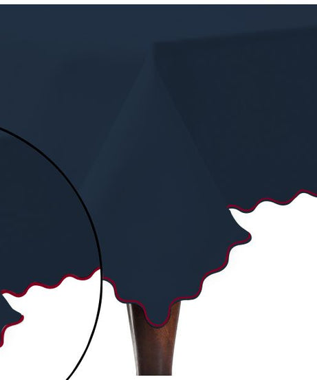 Scallop Embroidery Sateen Cotton Solid Table Cloth - Navy