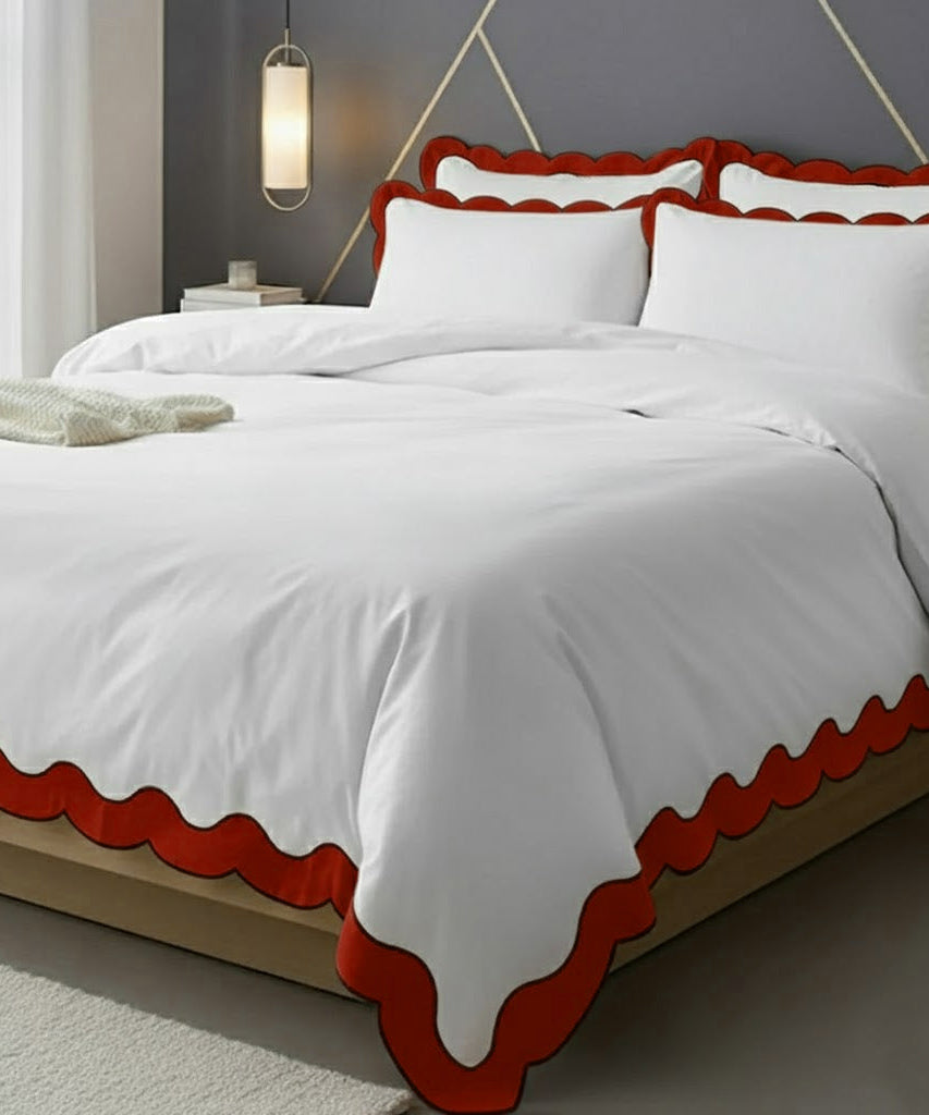 Scalloped & Wavy Applique Embroidery Cotton Duvet Cover Set
