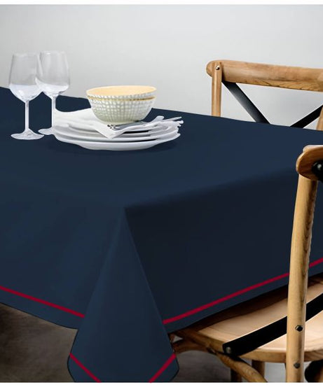Single Embroidery Border Sateen Cotton Solid Table Cloth - Navy