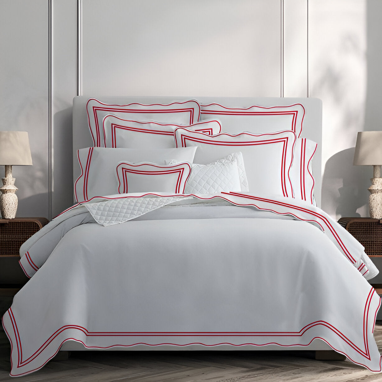 400TC Wavy Embroidery & Border Cotton Sateen Solid Duvet Cover Set