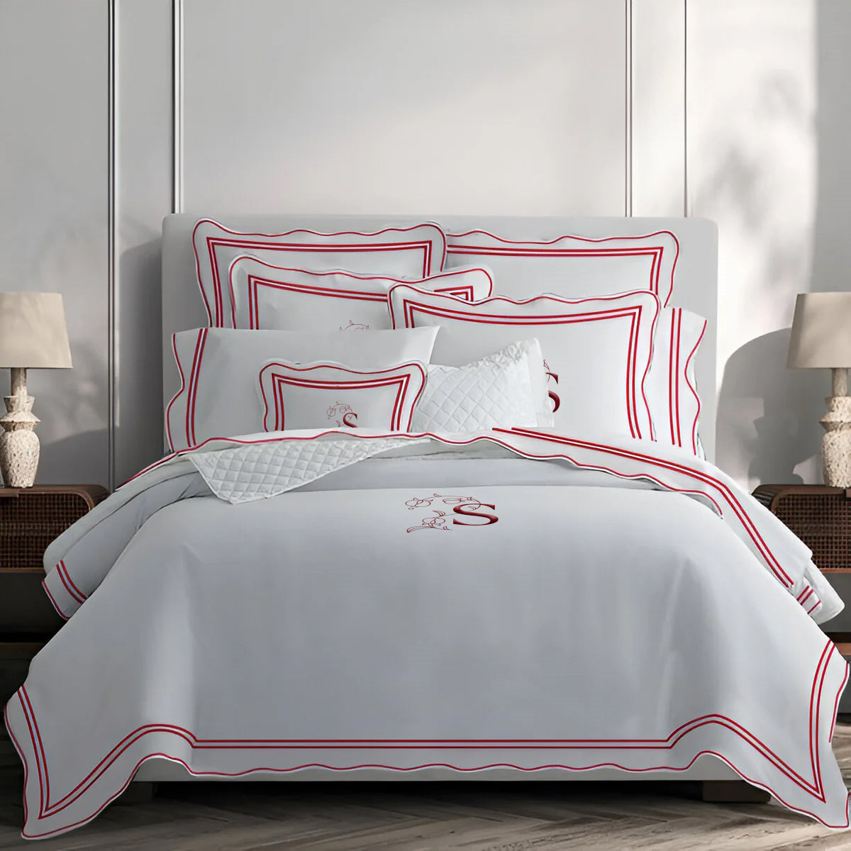 Monogram 400TC Wavy Embroidery & Border Cotton Sateen Solid Duvet Cover Set