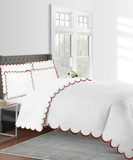 Allena 400TC Cotton Scallop Embroidery Sateen Microcheck Duvet Cover Set