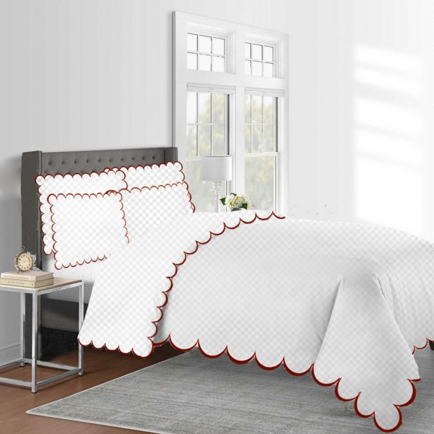 Allena 400TC Cotton Scallop Embroidery Sateen Microcheck Duvet Cover Set