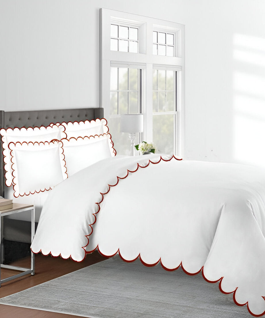Allena 400TC Cotton Scallop Embroidery Sateen Solid Duvet Cover Set