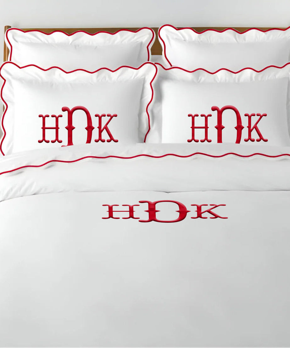Monogram 400TC Cotton Scallop Embroidery Sateen Solid Duvet Cover Set