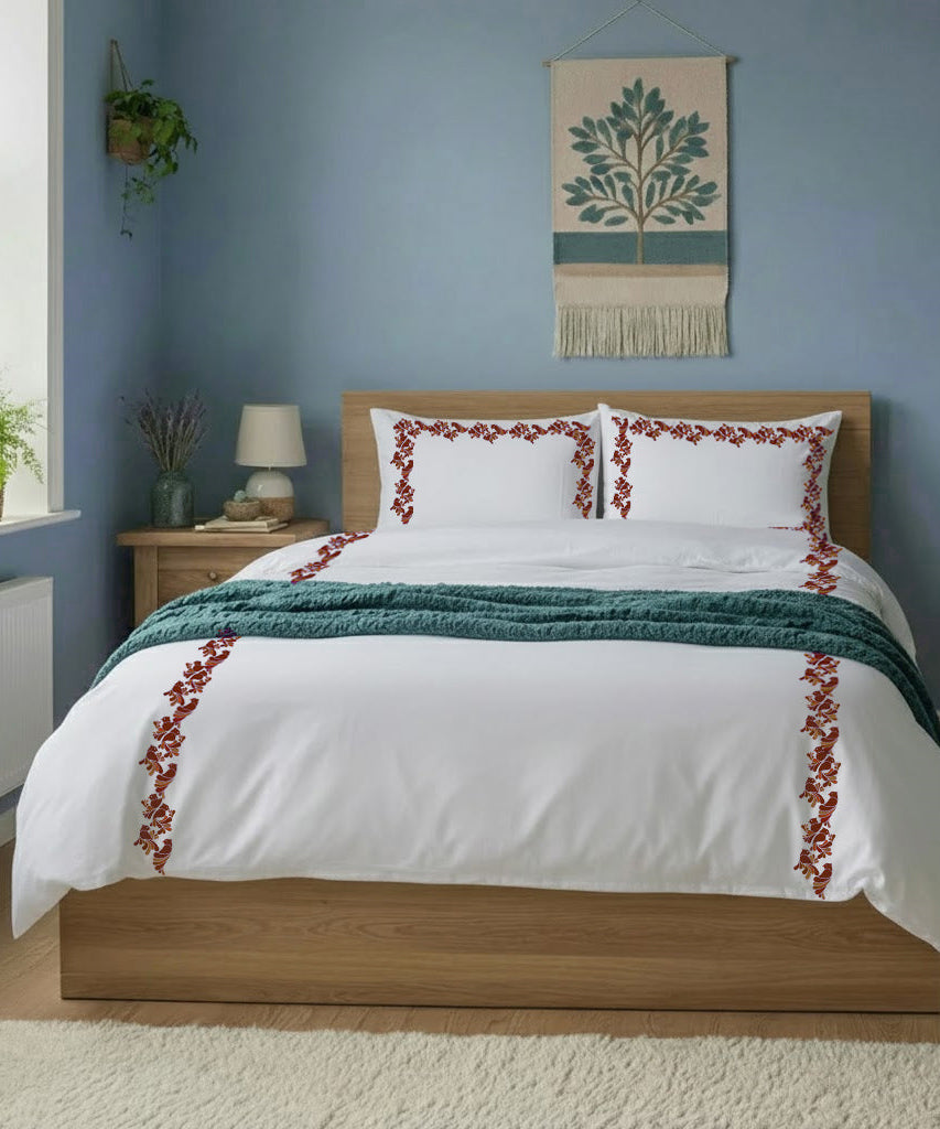 Bird Embroidered Cotton Duvet Cover Set