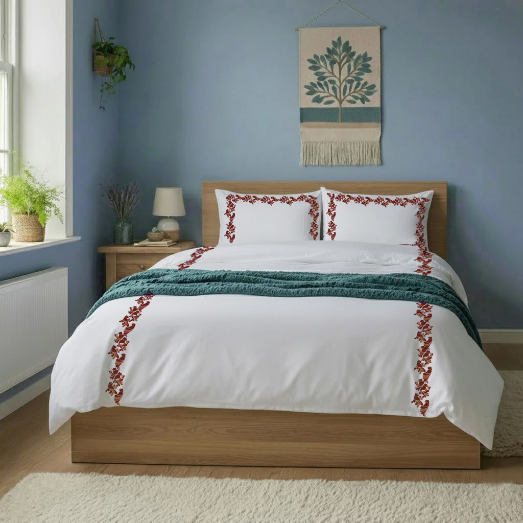 Bird Embroidered Cotton Duvet Cover Set