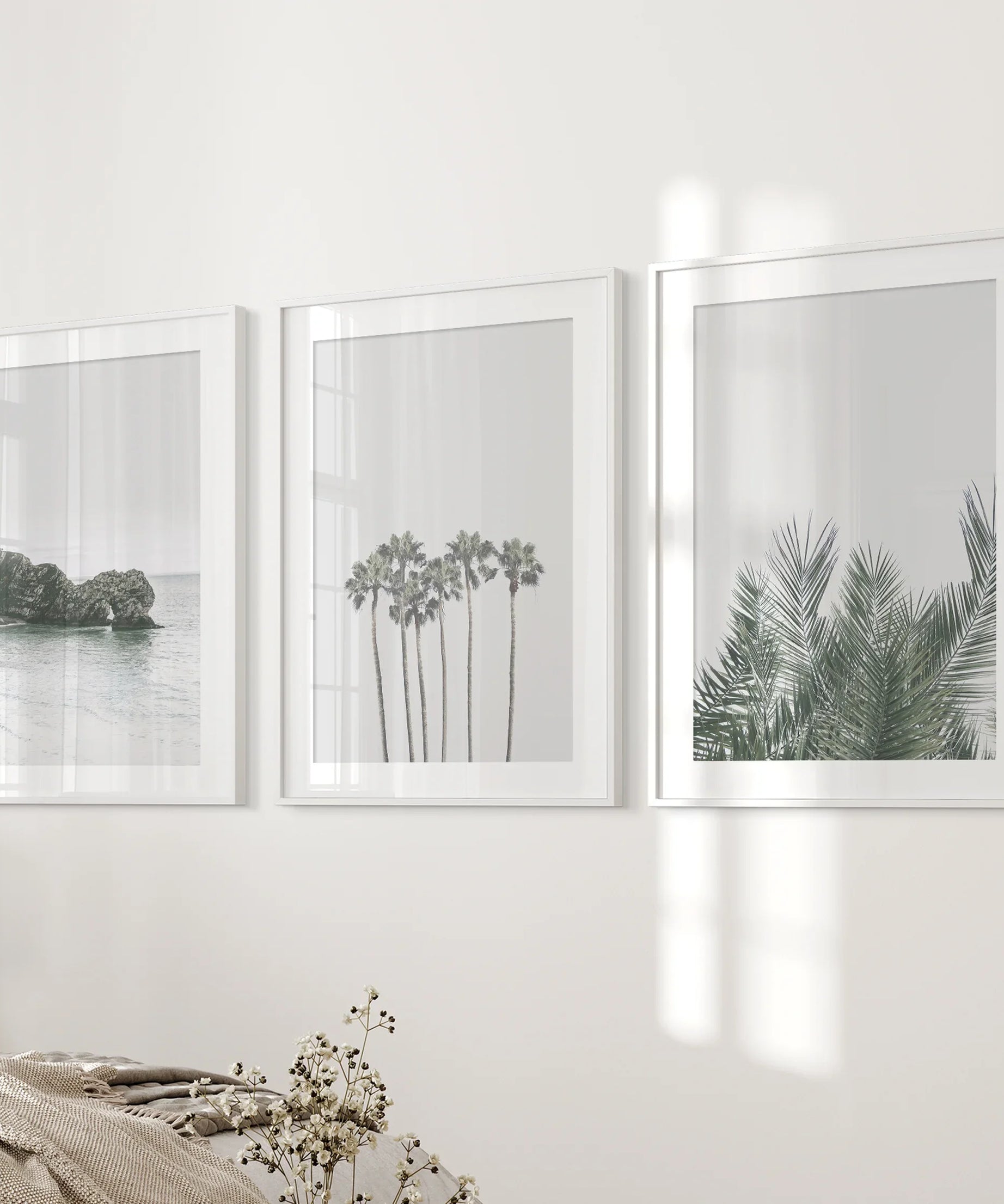 Modern Coastal Wall Art. Ocean Rock, Palms, Tropical Leaf