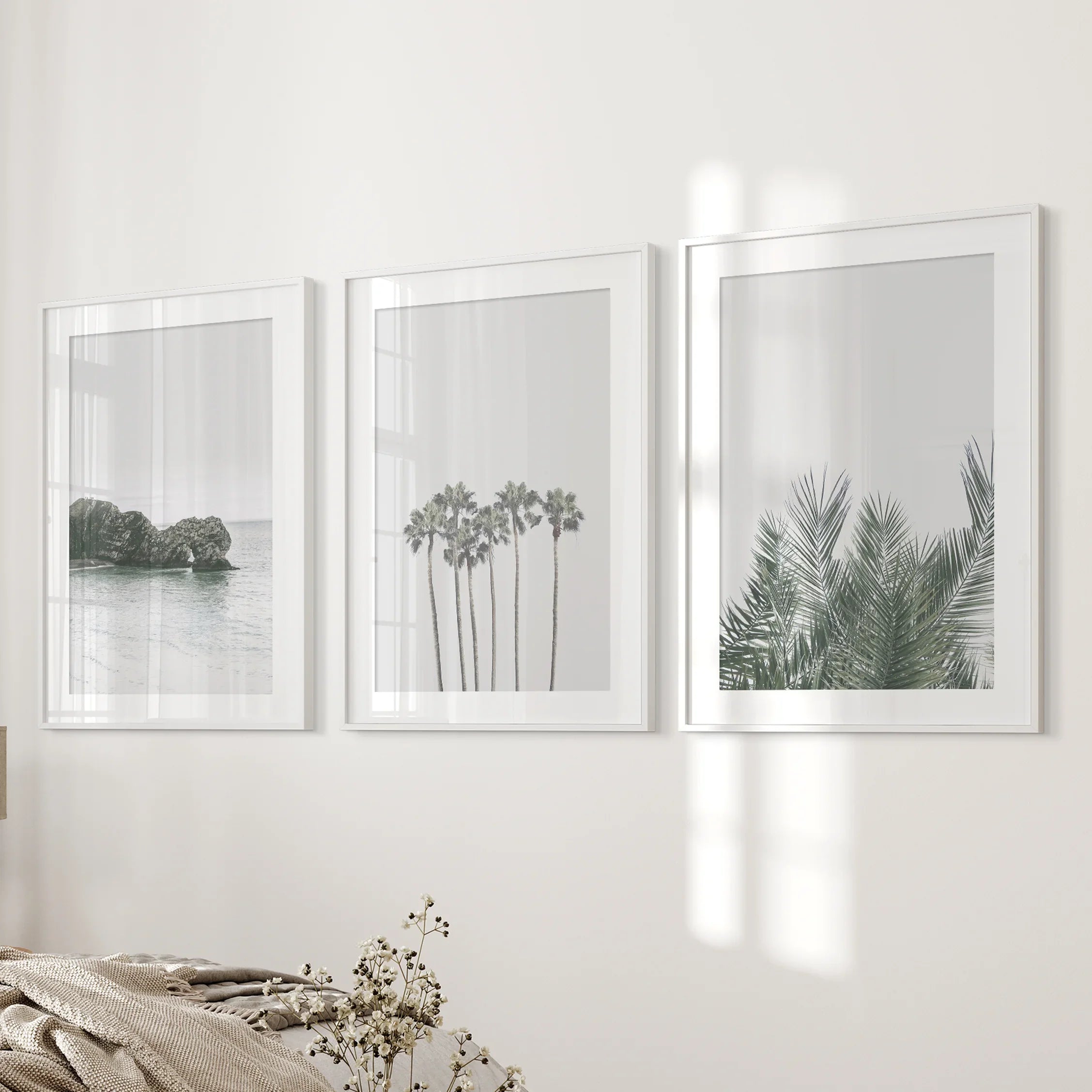 Modern Coastal Wall Art. Ocean Rock, Palms, Tropical Leaf
