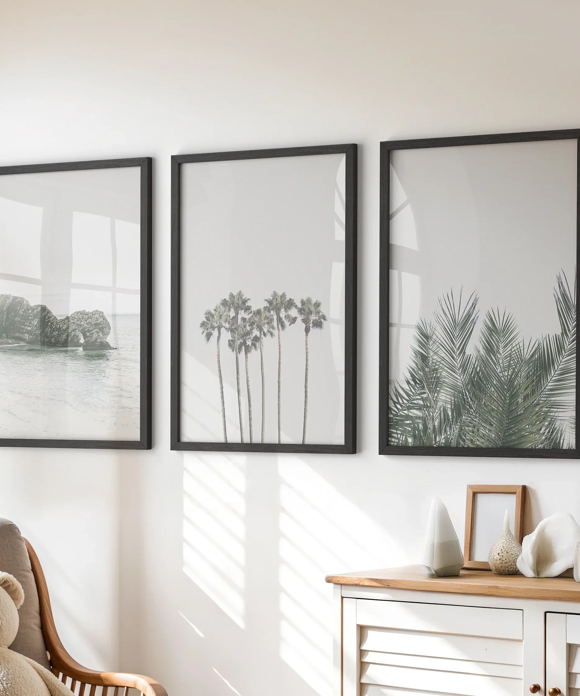 Modern Coastal Wall Art. Ocean Rock, Palms, Tropical Leaf