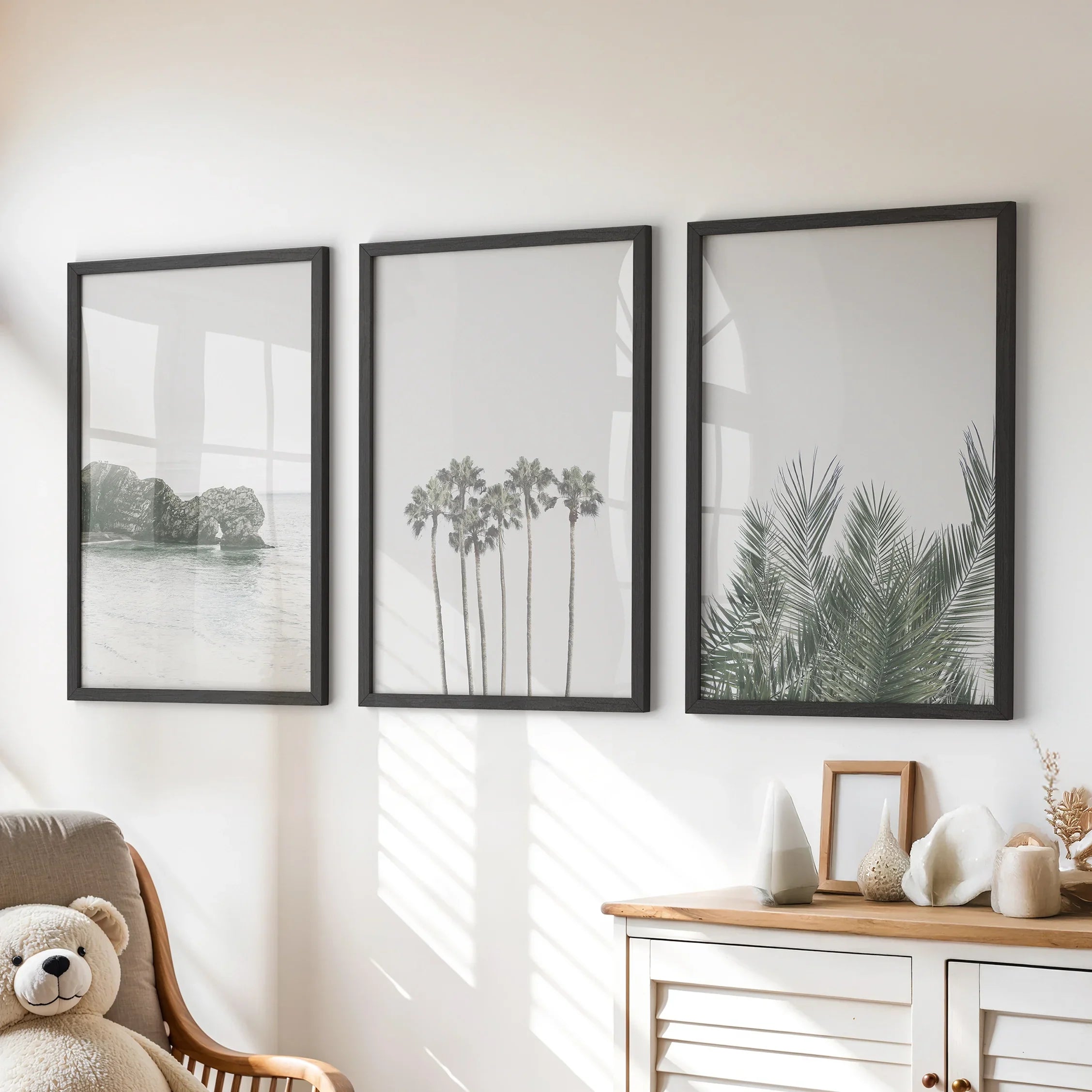 Modern Coastal Wall Art. Ocean Rock, Palms, Tropical Leaf