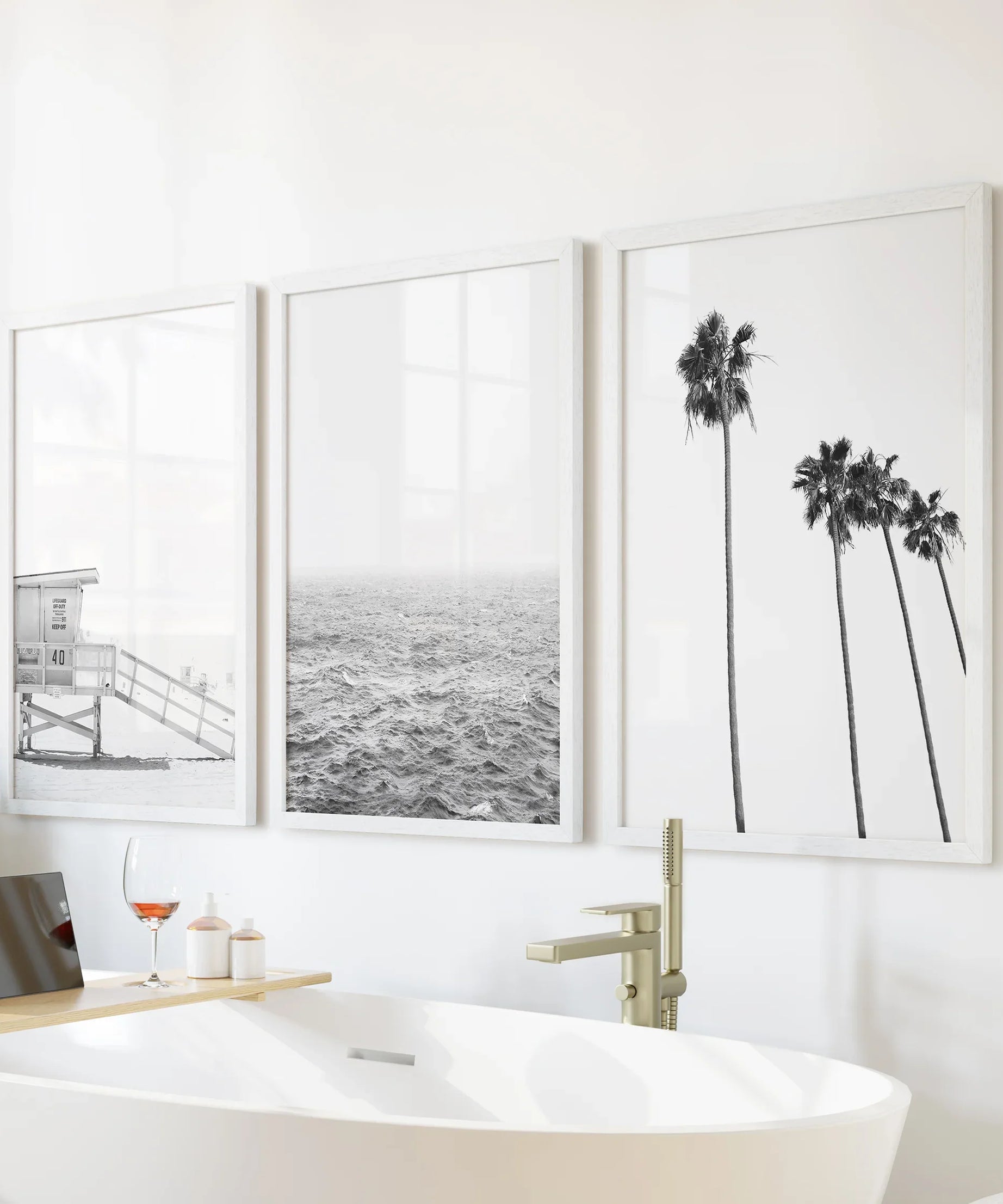 Black White Coastal Wall Art Set: Palms, Ocean, Lifeguard