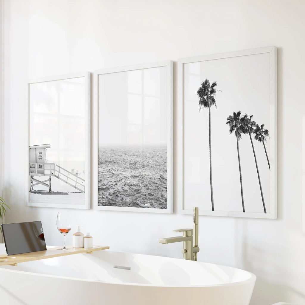 Black White Coastal Wall Art Set: Palms, Ocean, Lifeguard