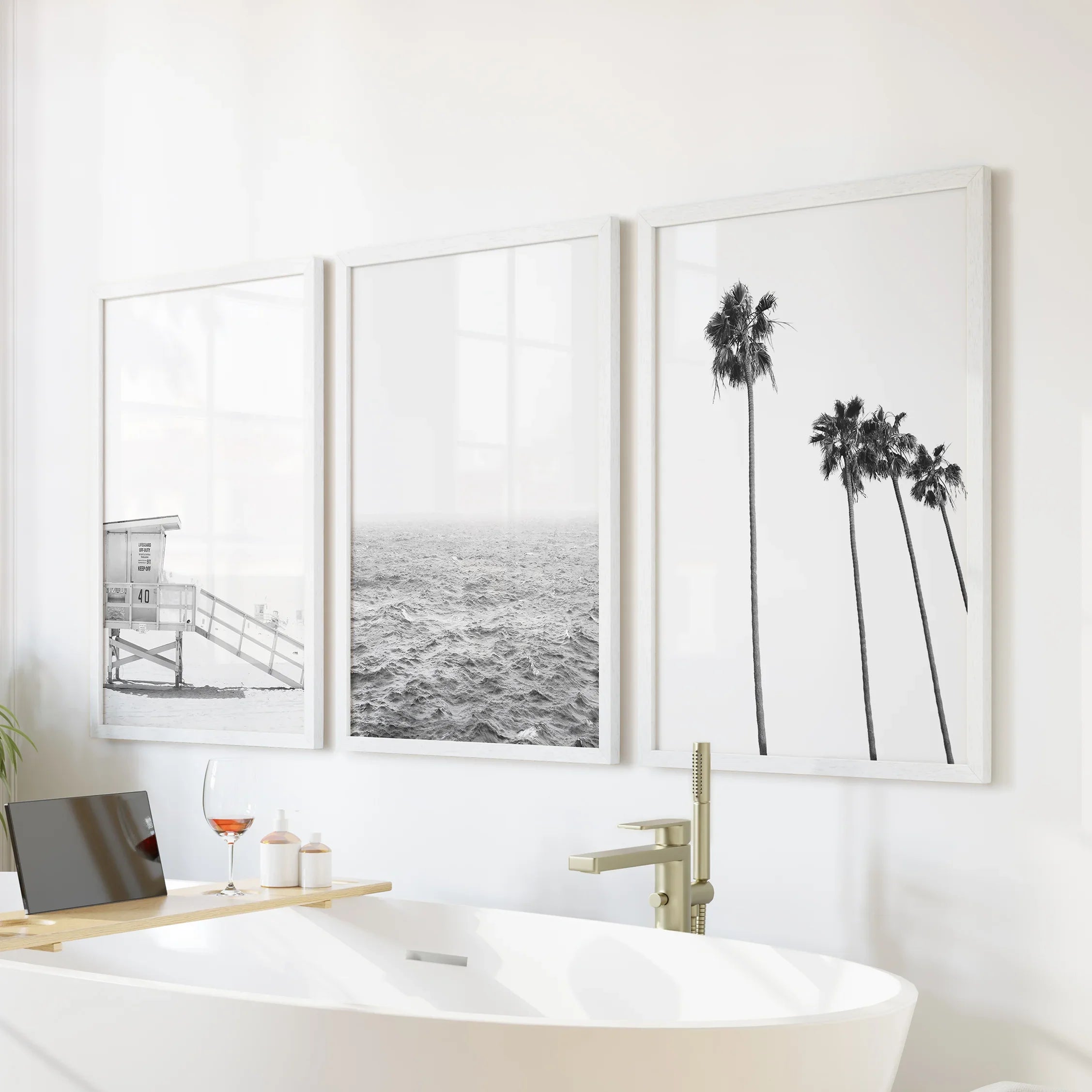 Black White Coastal Wall Art Set: Palms, Ocean, Lifeguard