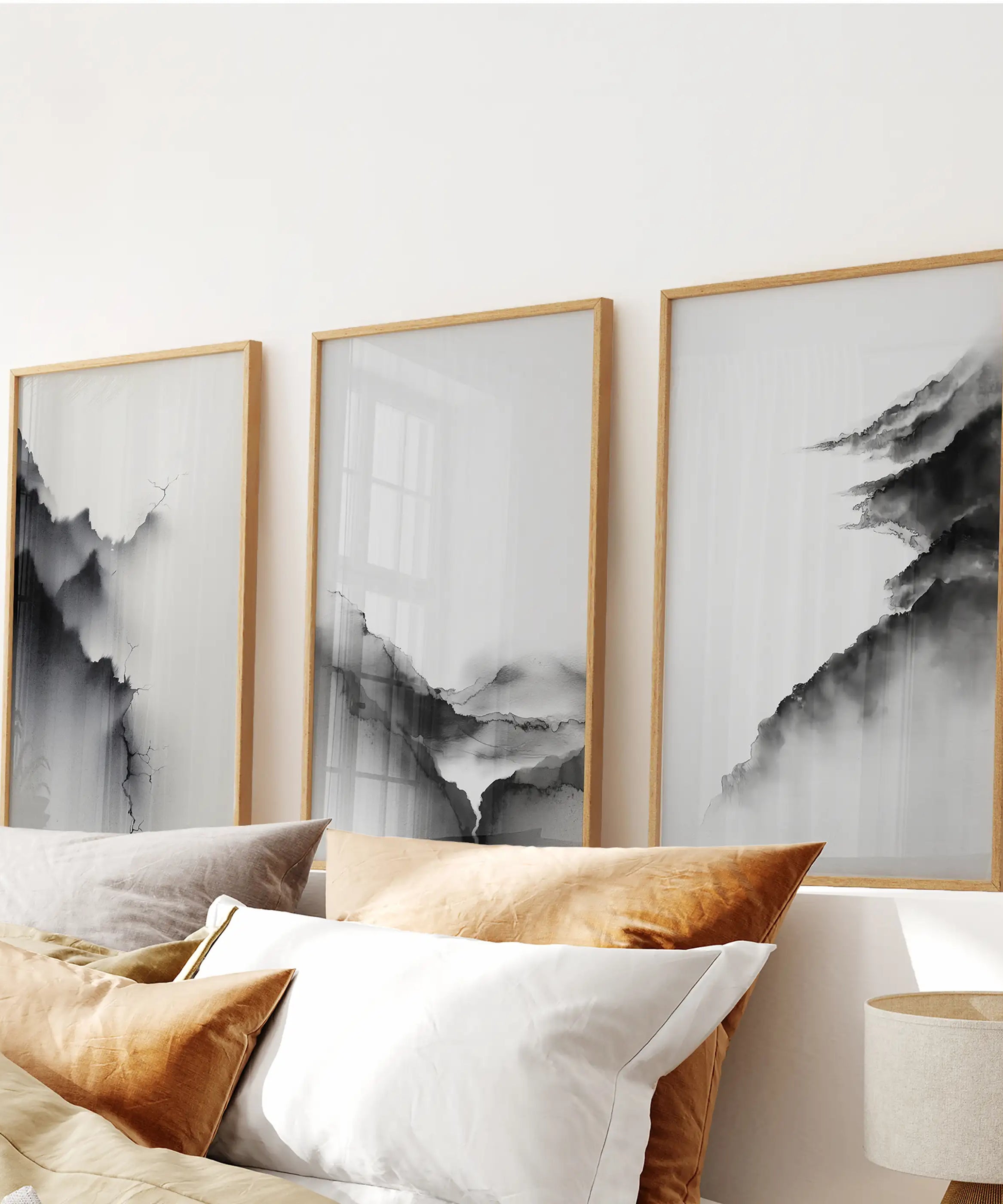 Black White Mountain Landscape Art Set of 3. Calming Nature