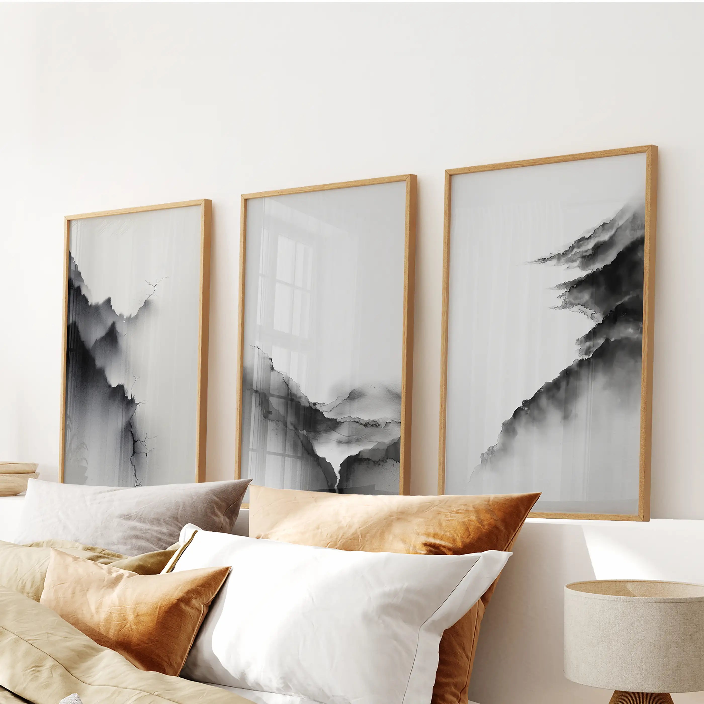 Black White Mountain Landscape Art Set of 3. Calming Nature