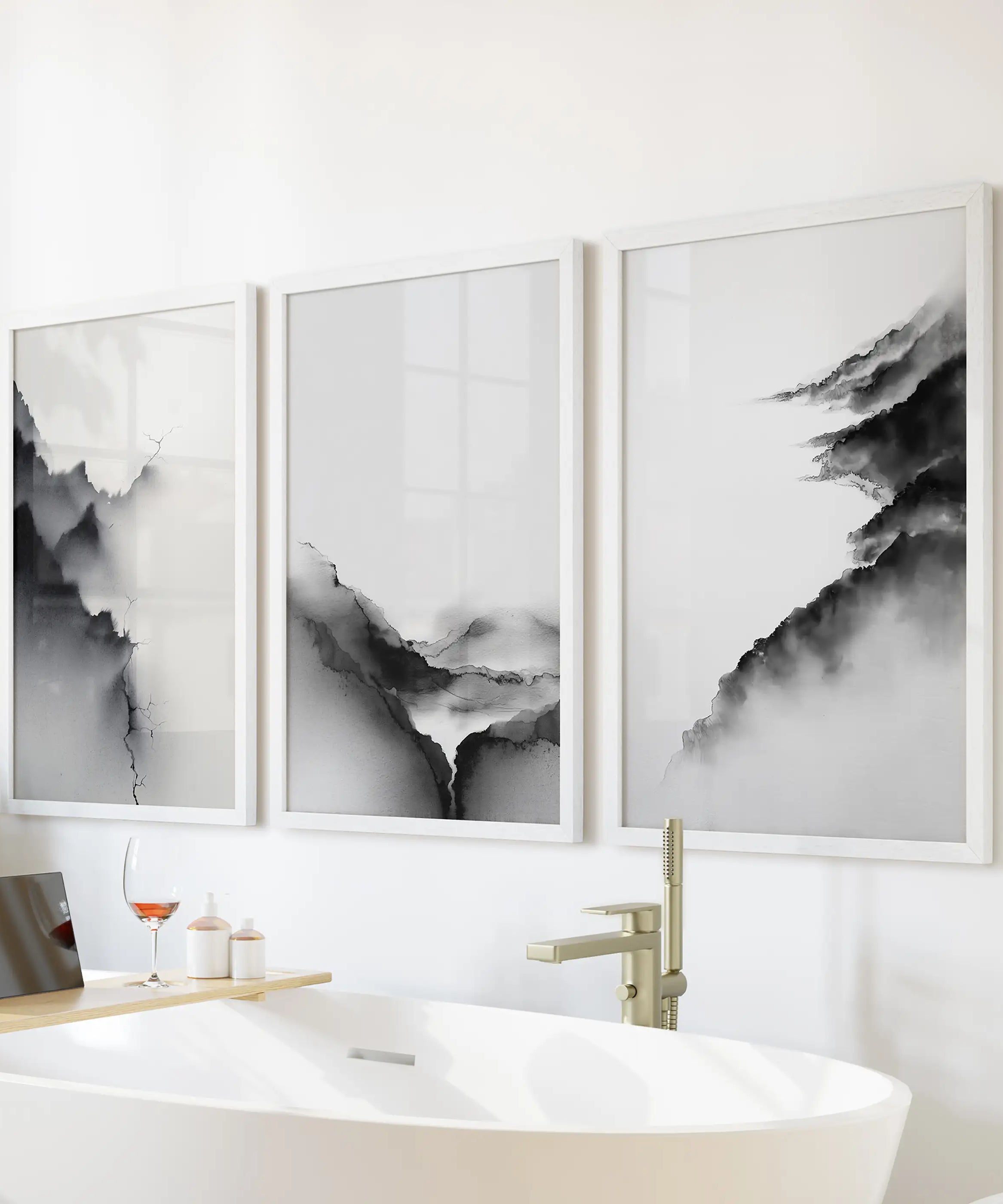 Black White Mountain Landscape Art Set of 3. Calming Nature