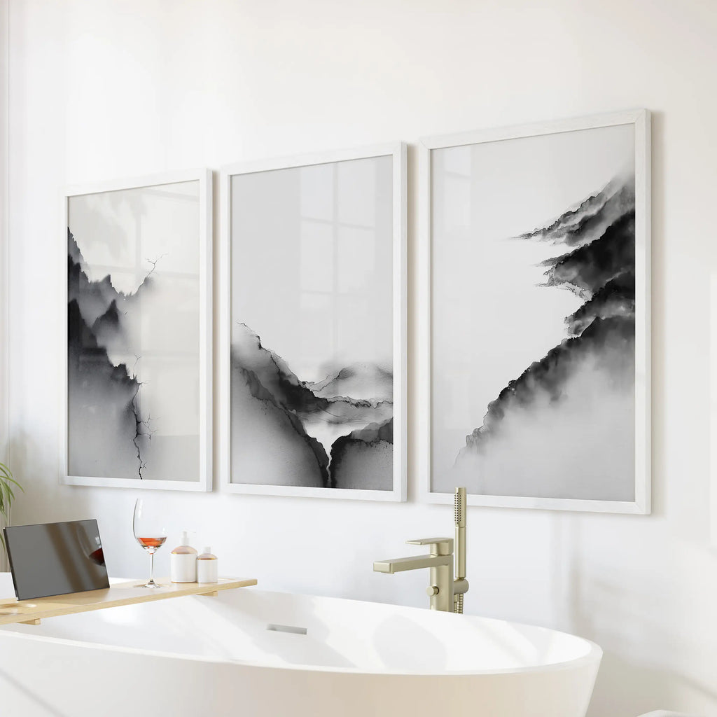 Black White Mountain Landscape Art Set of 3. Calming Nature