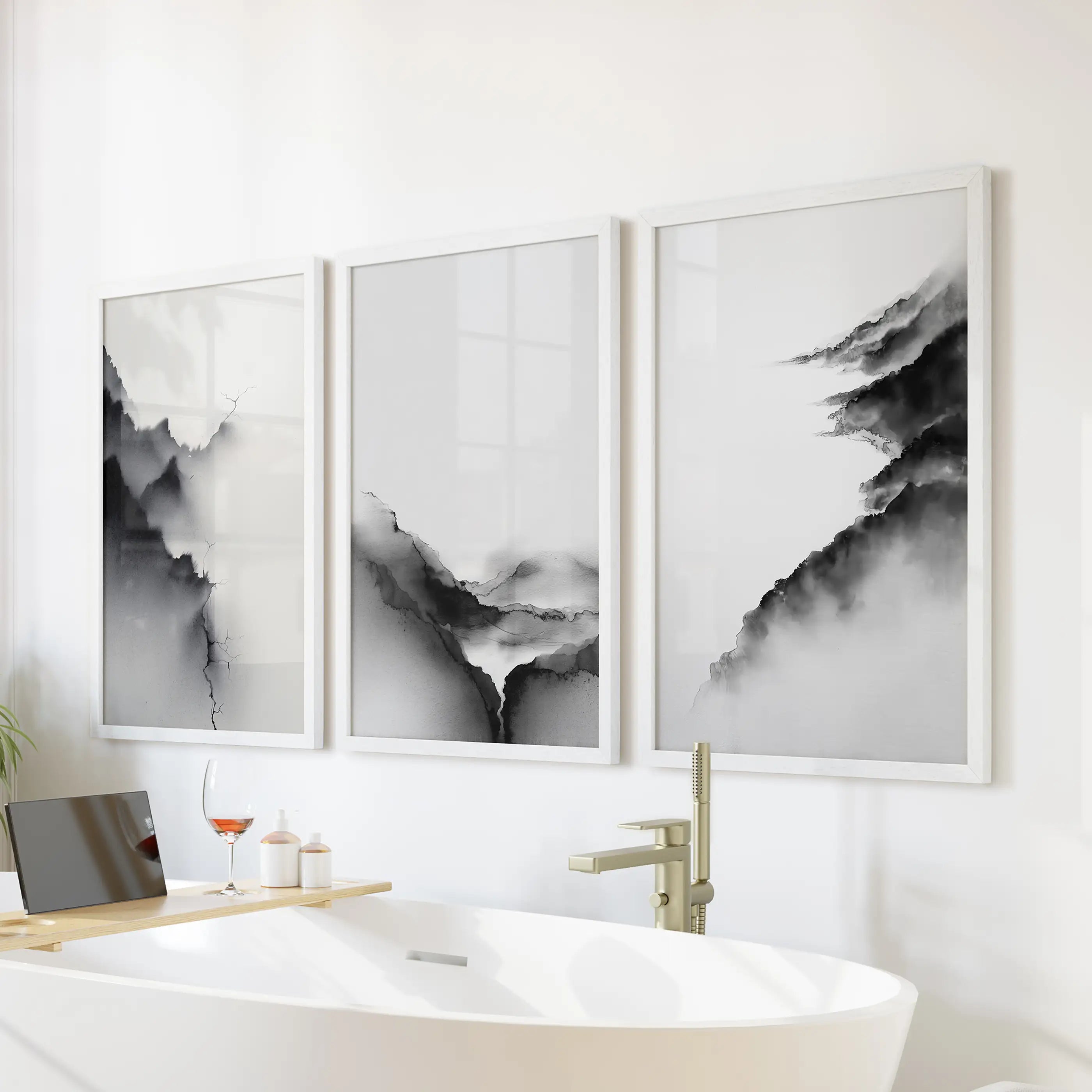 Black White Mountain Landscape Art Set of 3. Calming Nature