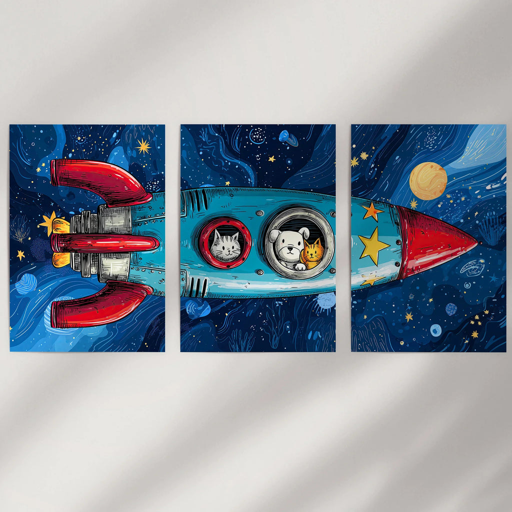 Outer Space Kids Wall Art. Rocket and Stars Nursery Prints