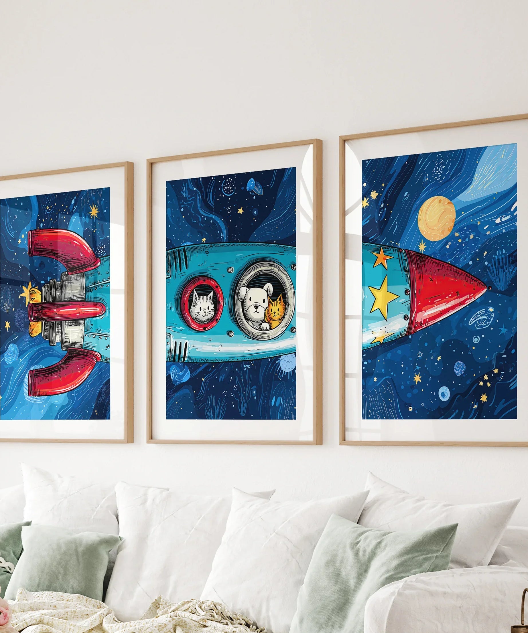 Outer Space Kids Wall Art. Rocket and Stars Nursery Prints