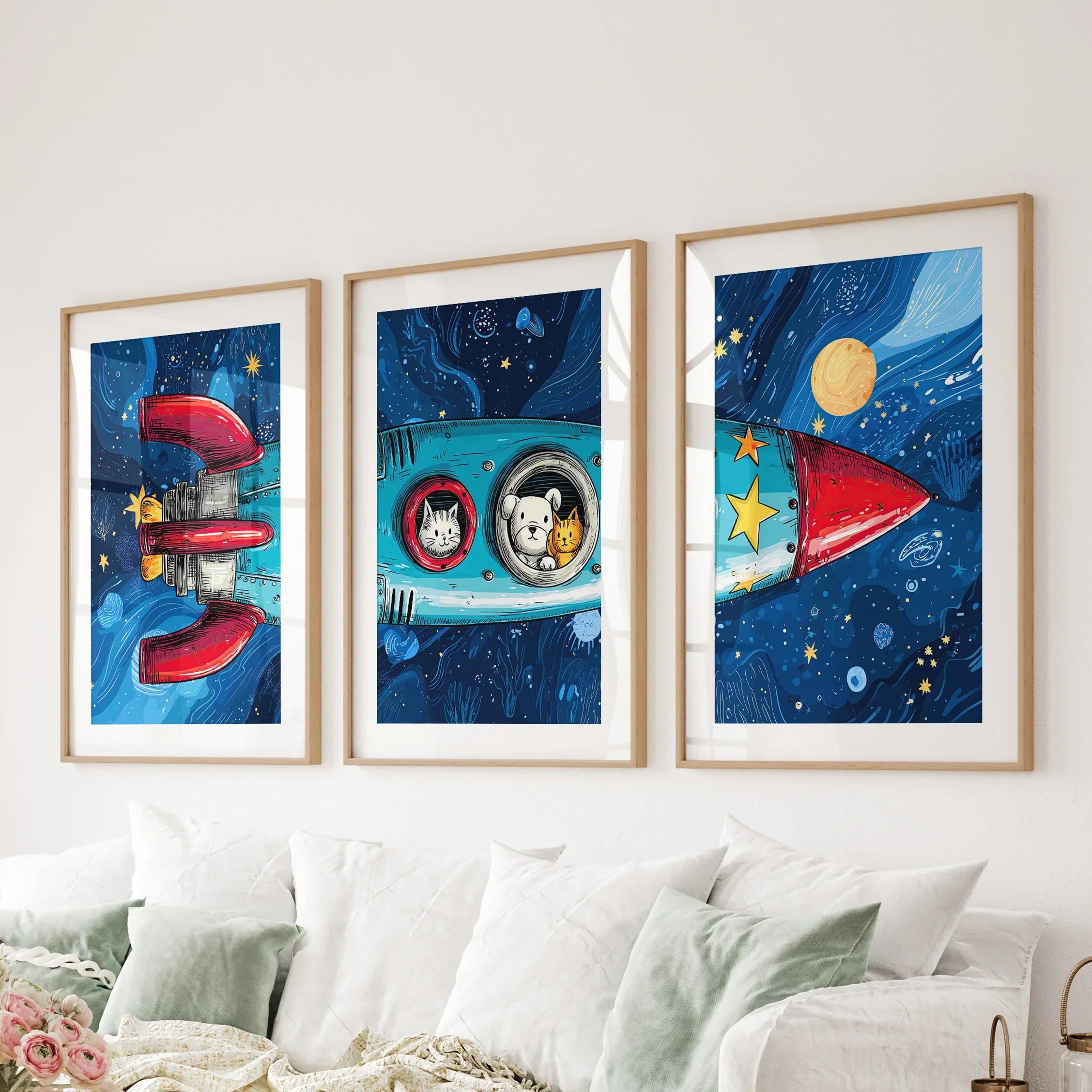 Outer Space Kids Wall Art. Rocket and Stars Nursery Prints