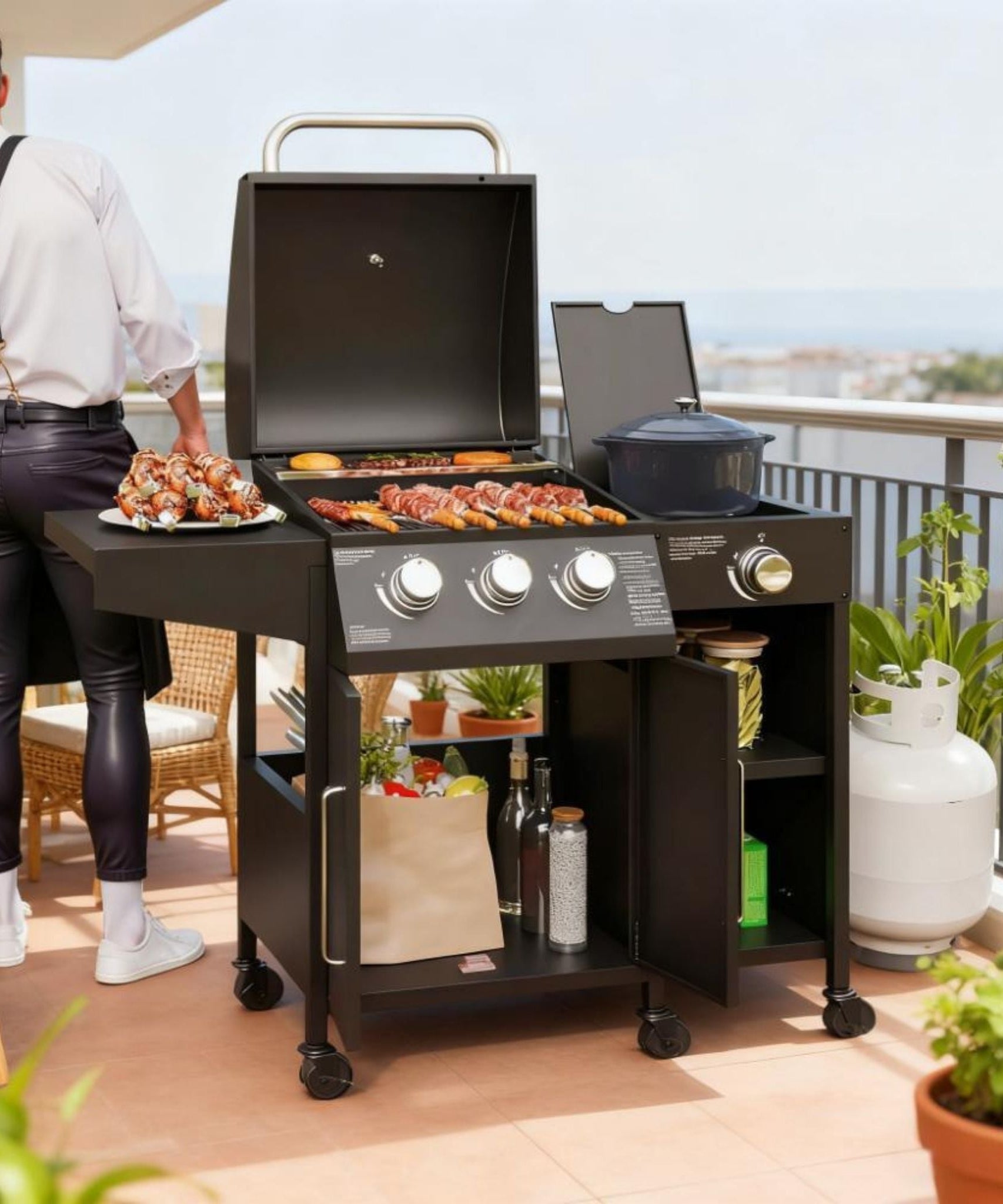 Castelle Flame 15K BTU Barbecue Propane Liquid Propane Grill With Side Burner (SAK53481)