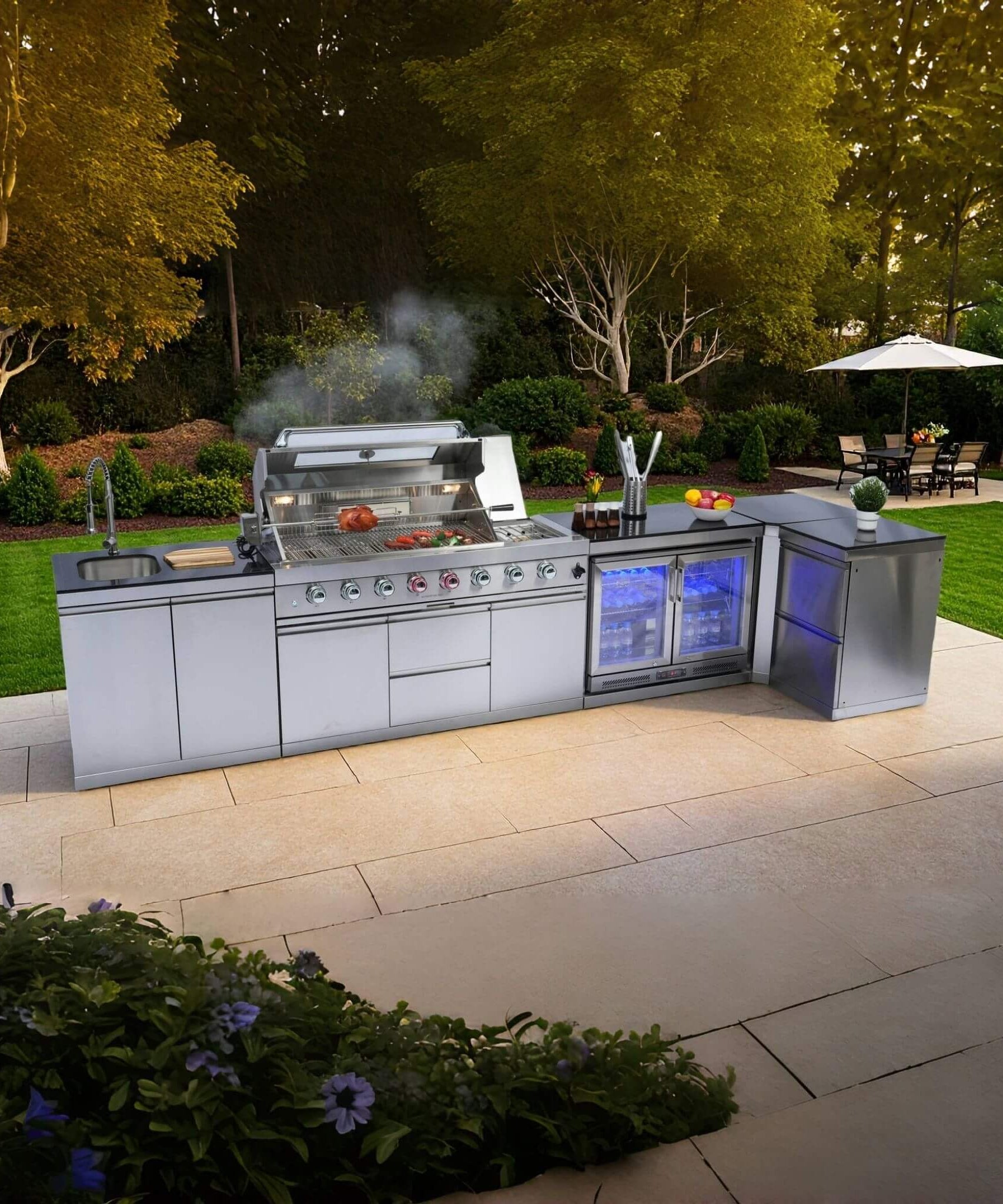 Castelle Flame Montclair 58-Inch 6-Burner 96K BTU Gas Outdoor Liquid Propane Grill Island With Wine Cooler And Rotisserie (SAK31642)