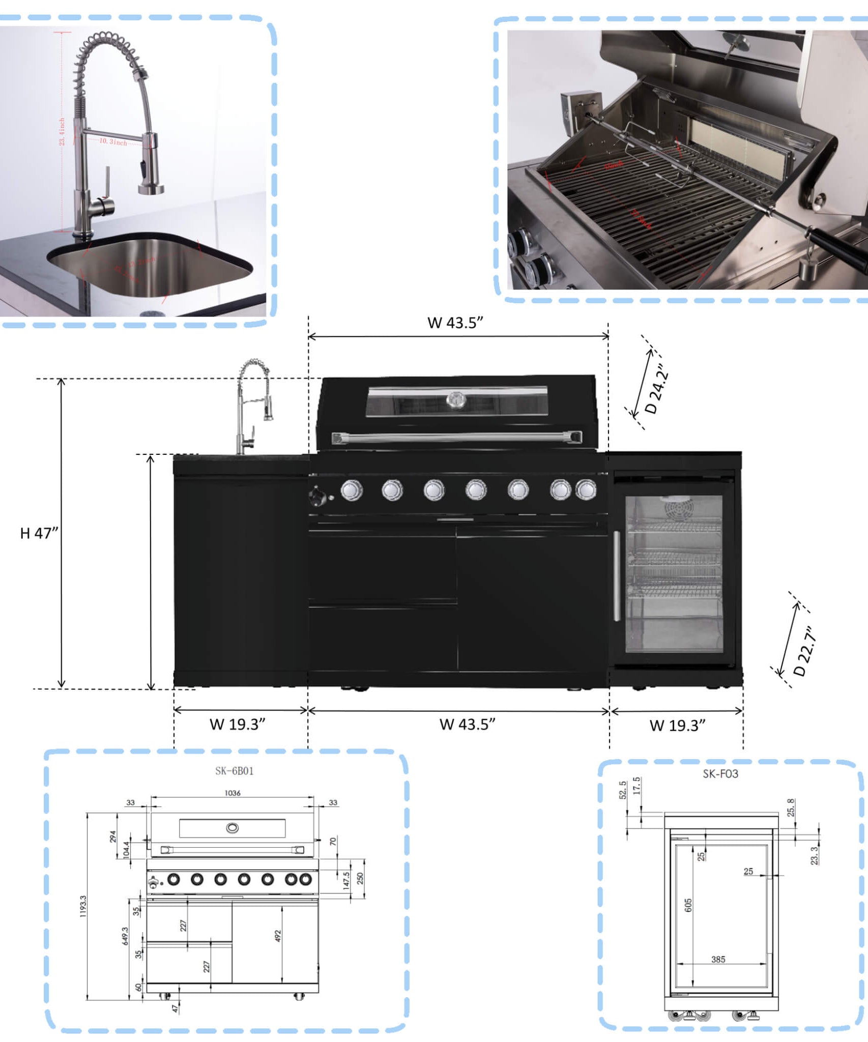 Castelle Flame Avalon 43-Inch 6-Burner 85K BTU Outdoor BBQ Kitchen Grill Island With Wine Fridge, Rotisserie Kit, And Sink (SAK23864)