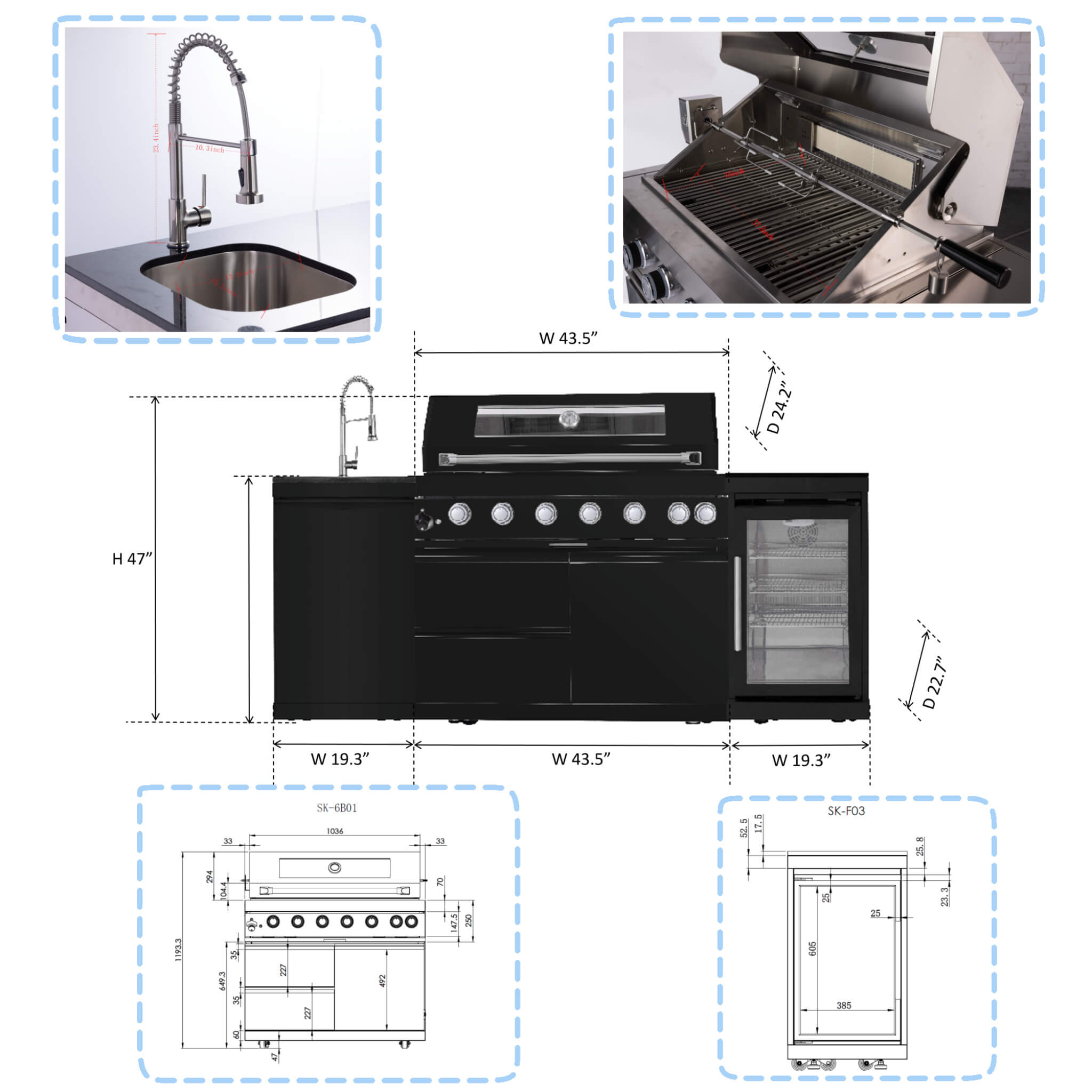 Castelle Flame Avalon 43-Inch 6-Burner 85K BTU Outdoor BBQ Kitchen Grill Island With Wine Fridge, Rotisserie Kit, And Sink (SAK23864)