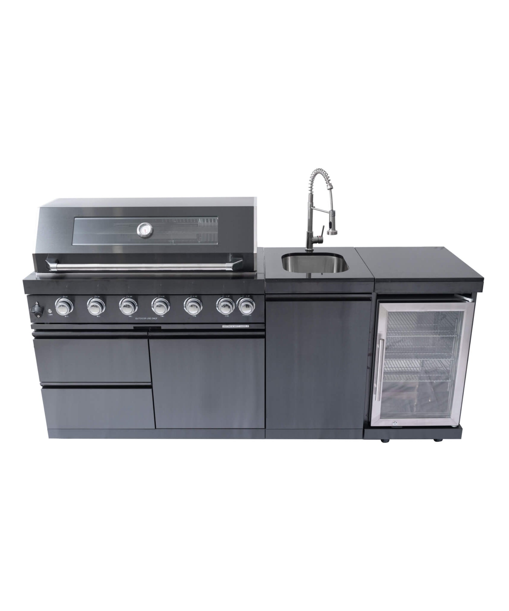 Castelle Flame Avalon 43-Inch 6-Burner 85K BTU Outdoor BBQ Kitchen Grill Island With Wine Fridge, Rotisserie Kit, And Sink (SAK23864)