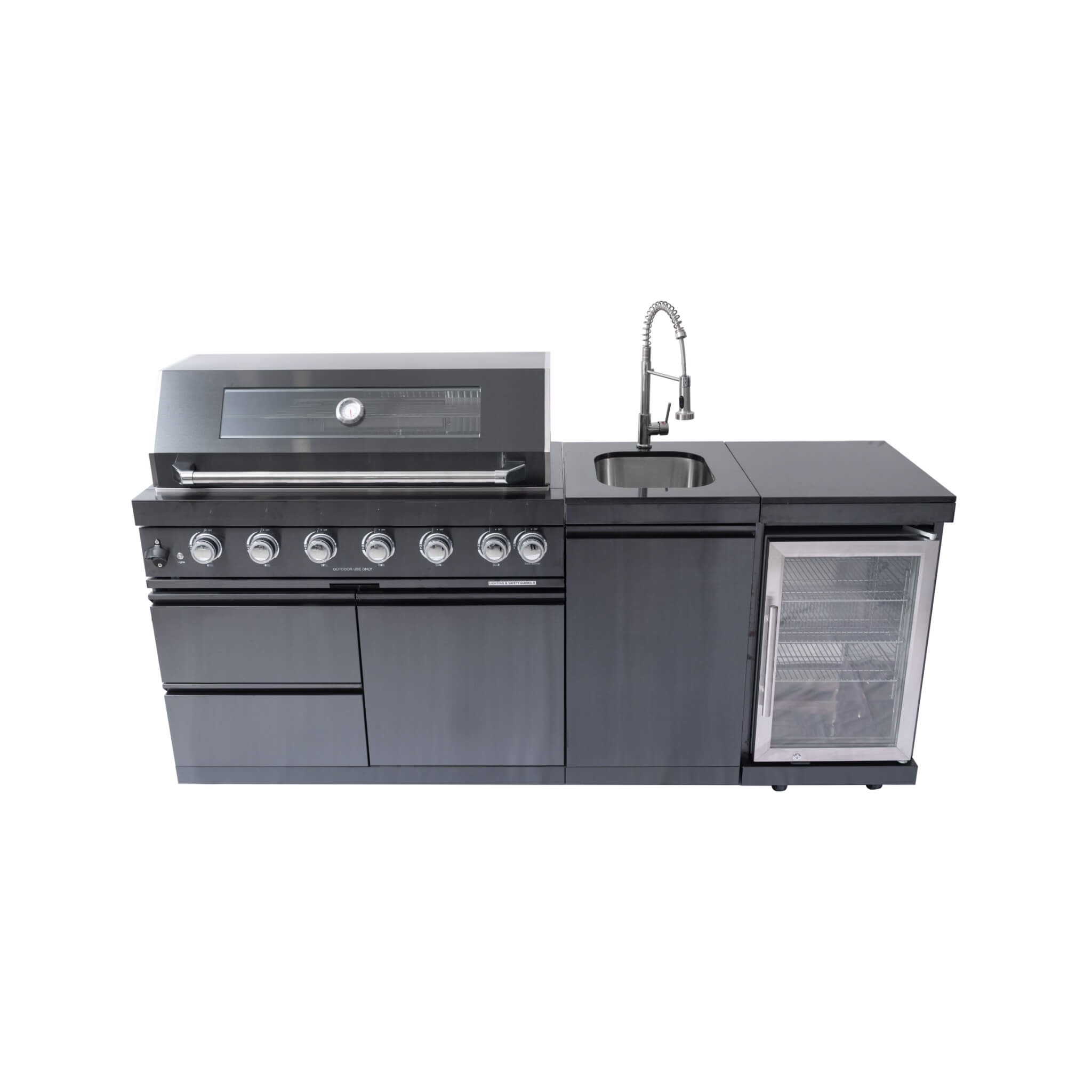 Castelle Flame Avalon 43-Inch 6-Burner 85K BTU Outdoor BBQ Kitchen Grill Island With Wine Fridge, Rotisserie Kit, And Sink (SAK23864)