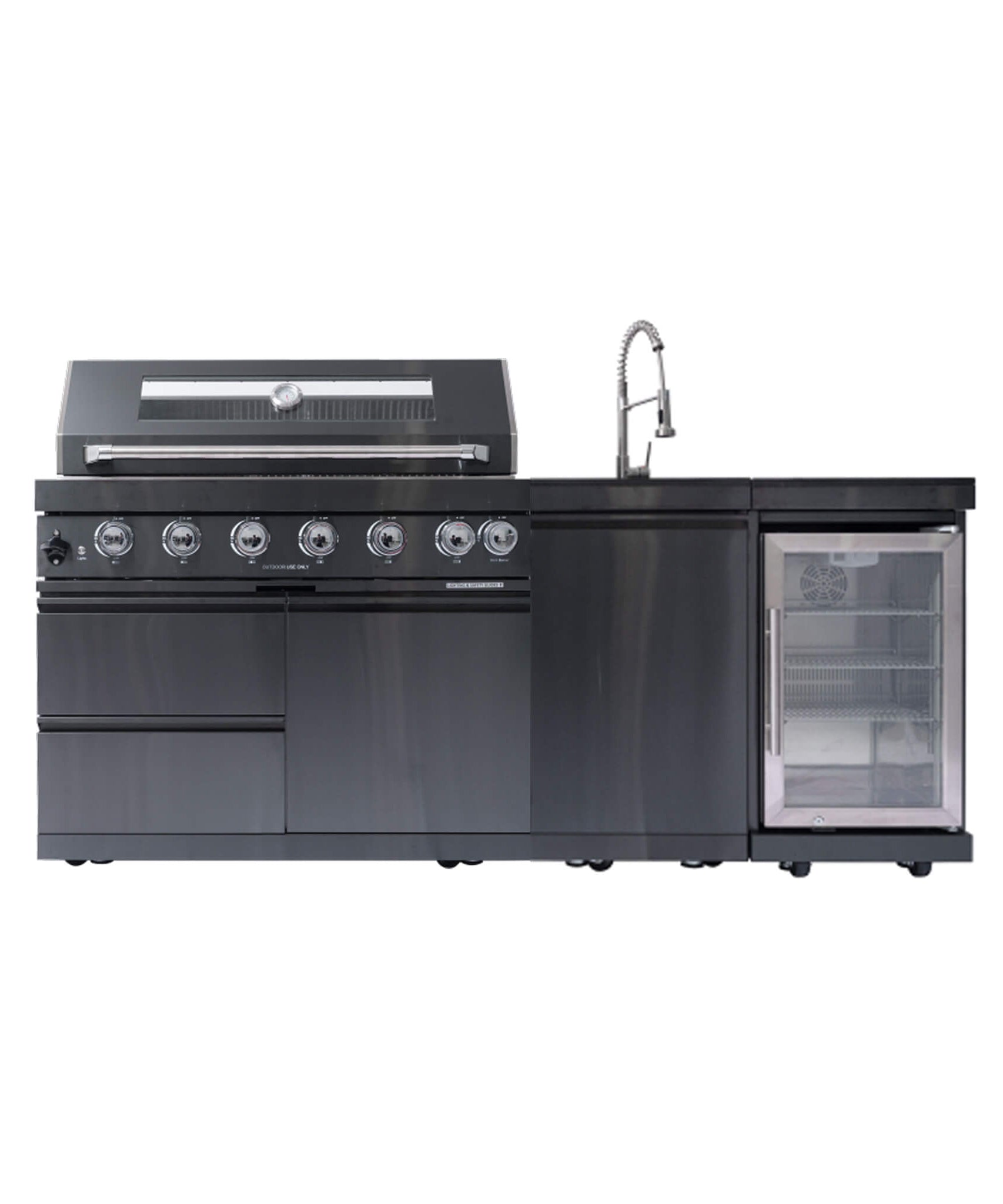 Castelle Flame Avalon 43-Inch 6-Burner 85K BTU Outdoor BBQ Kitchen Grill Island With Wine Fridge, Rotisserie Kit, And Sink (SAK23864)