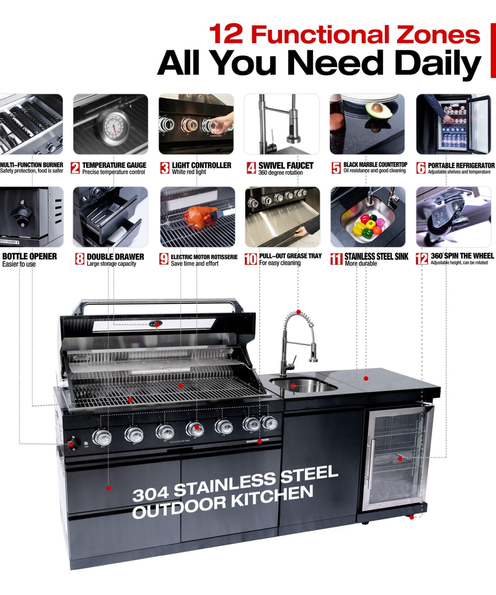 Castelle Flame Avalon 43-Inch 6-Burner 85K BTU Outdoor BBQ Kitchen Grill Island With Wine Fridge, Rotisserie Kit, And Sink (SAK23864)