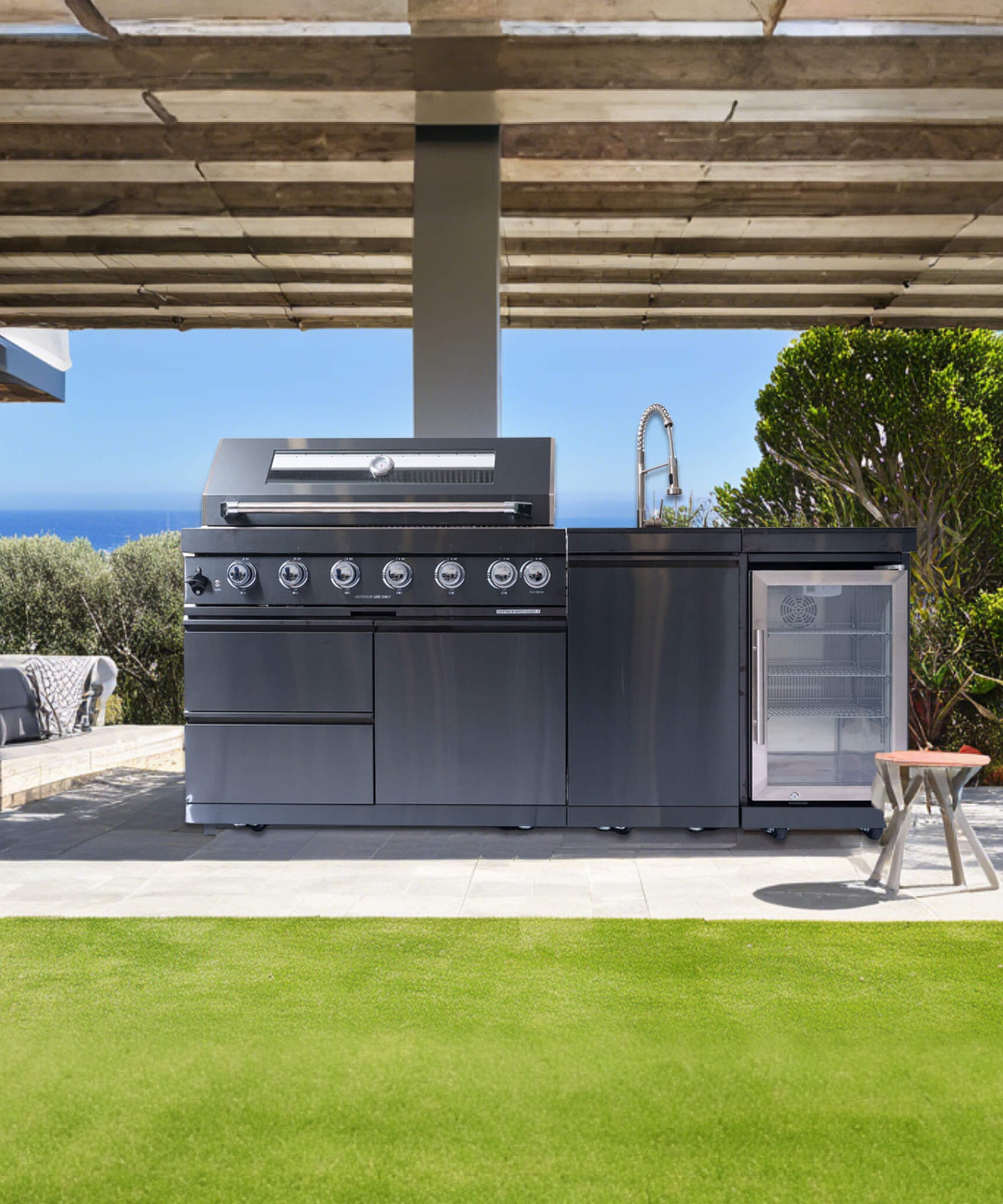 Castelle Flame Avalon 43-Inch 6-Burner 85K BTU Outdoor BBQ Kitchen Grill Island With Wine Fridge, Rotisserie Kit, And Sink (SAK23864)