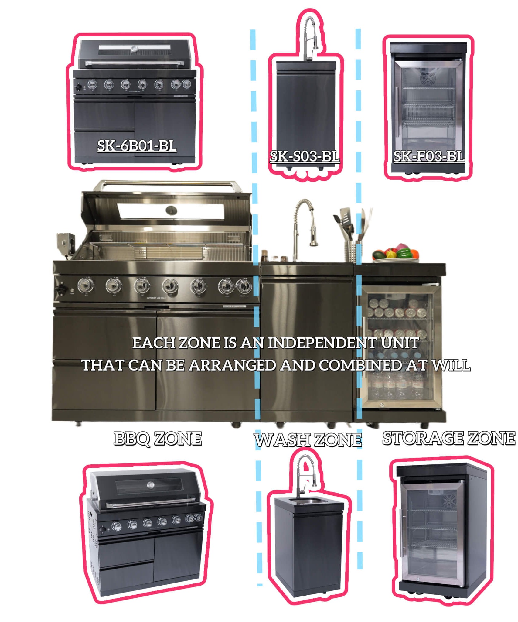 Castelle Flame Avalon 43-Inch 6-Burner 85K BTU Outdoor BBQ Kitchen Grill Island With Wine Fridge, Rotisserie Kit, And Sink (SAK23864)