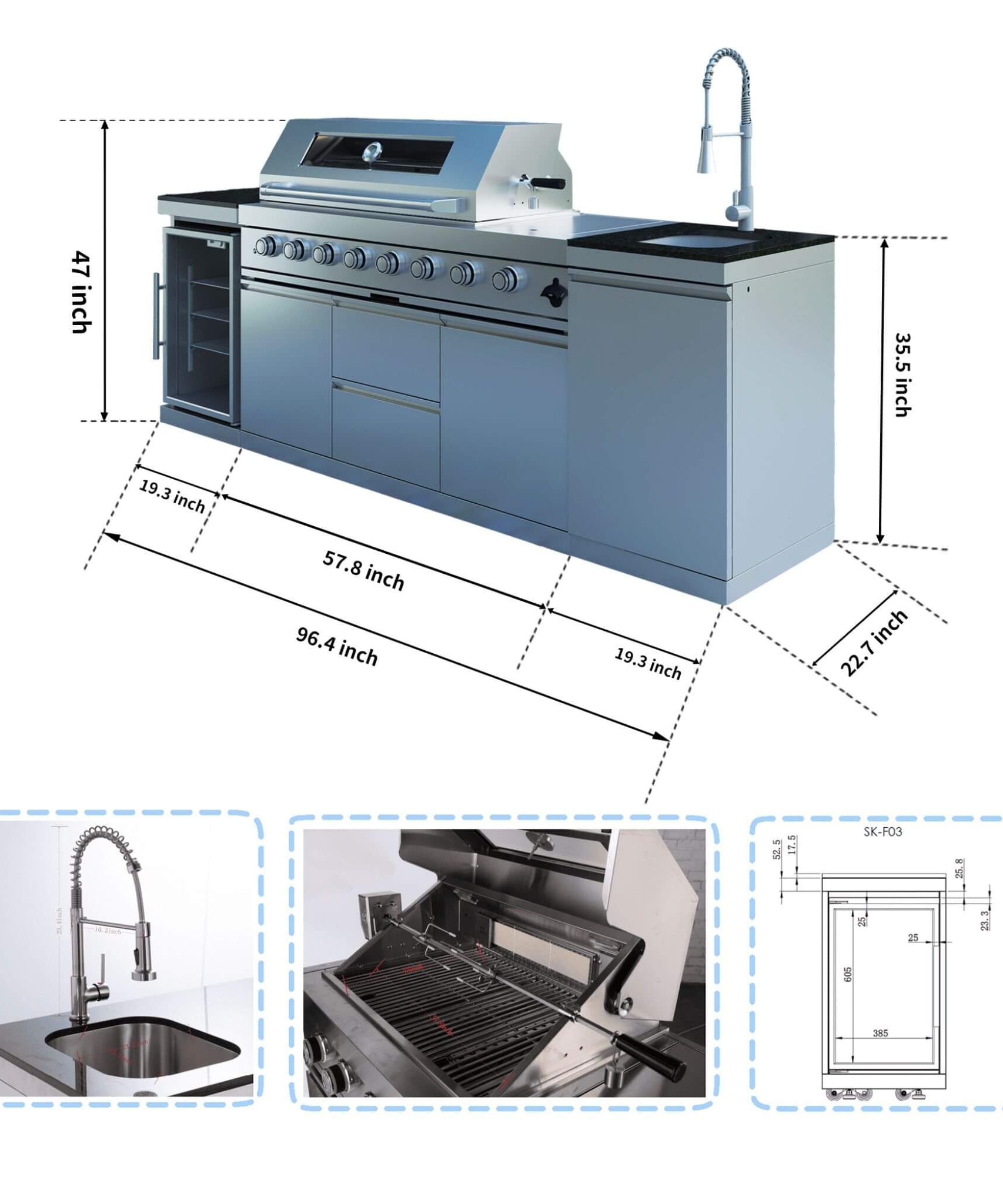 Castelle Flame Capri 96-Inch 6-Burner 85000 BTU Outdoor Kitchen Liquid Propane Grill Island With Fridge (SAK42895)