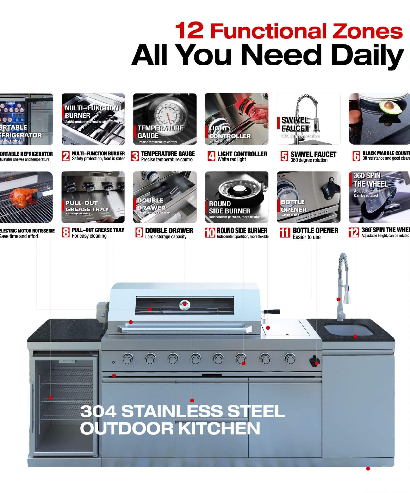 Castelle Flame Capri 96-Inch 6-Burner 85000 BTU Outdoor Kitchen Liquid Propane Grill Island With Fridge (SAK42895)