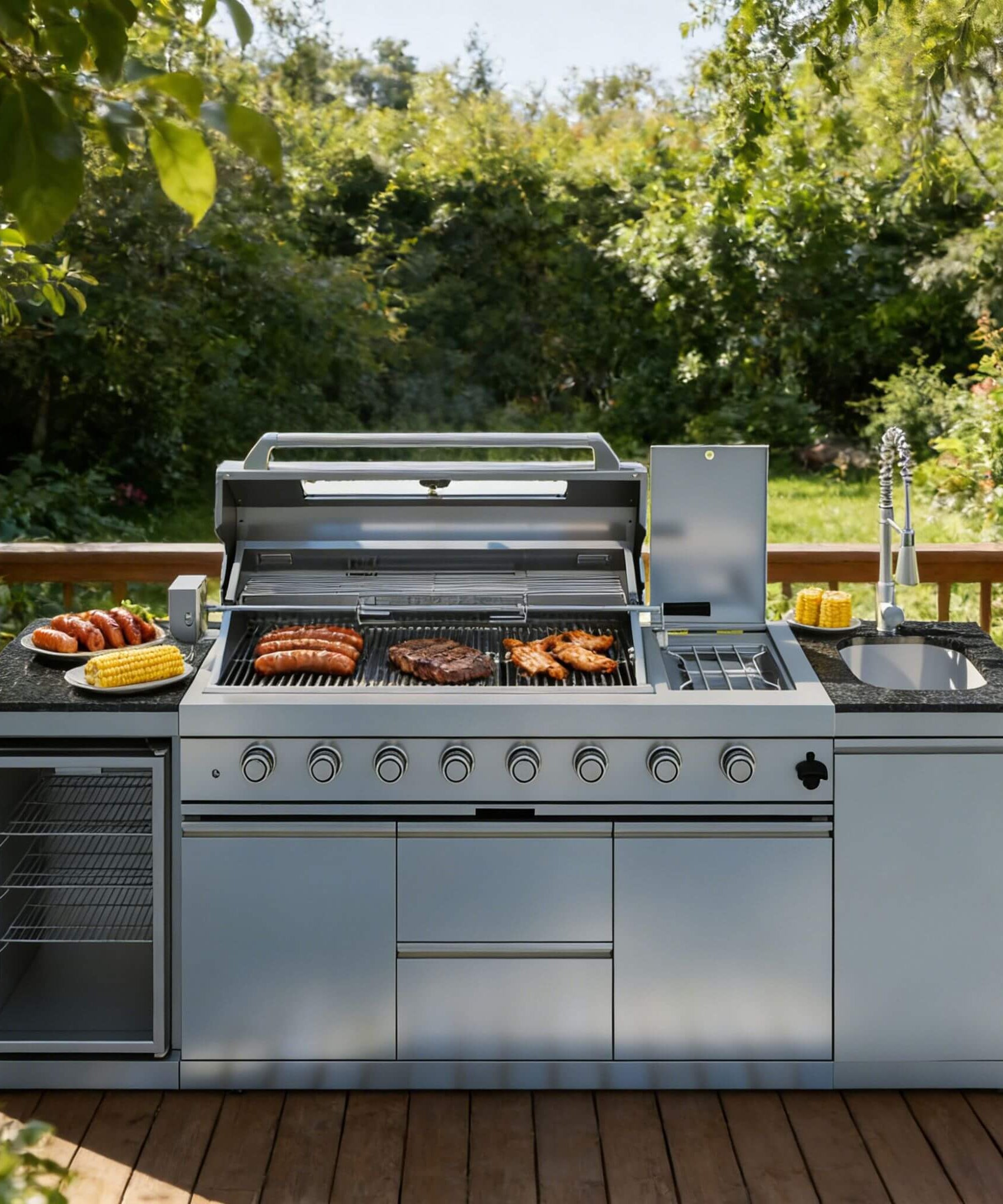 Castelle Flame Capri 96-Inch 6-Burner 85000 BTU Outdoor Kitchen Liquid Propane Grill Island With Fridge (SAK42895)