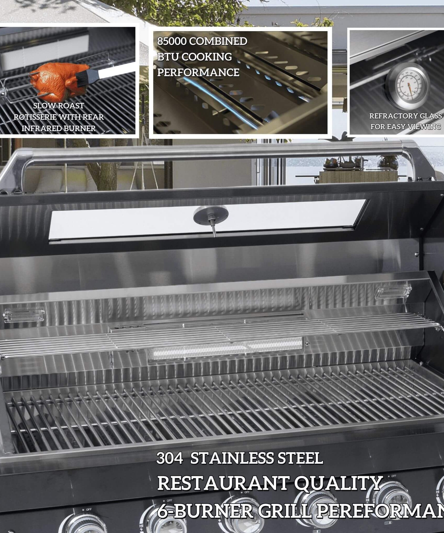 Castelle Flame Capri 96-Inch 6-Burner 85000 BTU Outdoor Kitchen Liquid Propane Grill Island With Fridge (SAK42895)