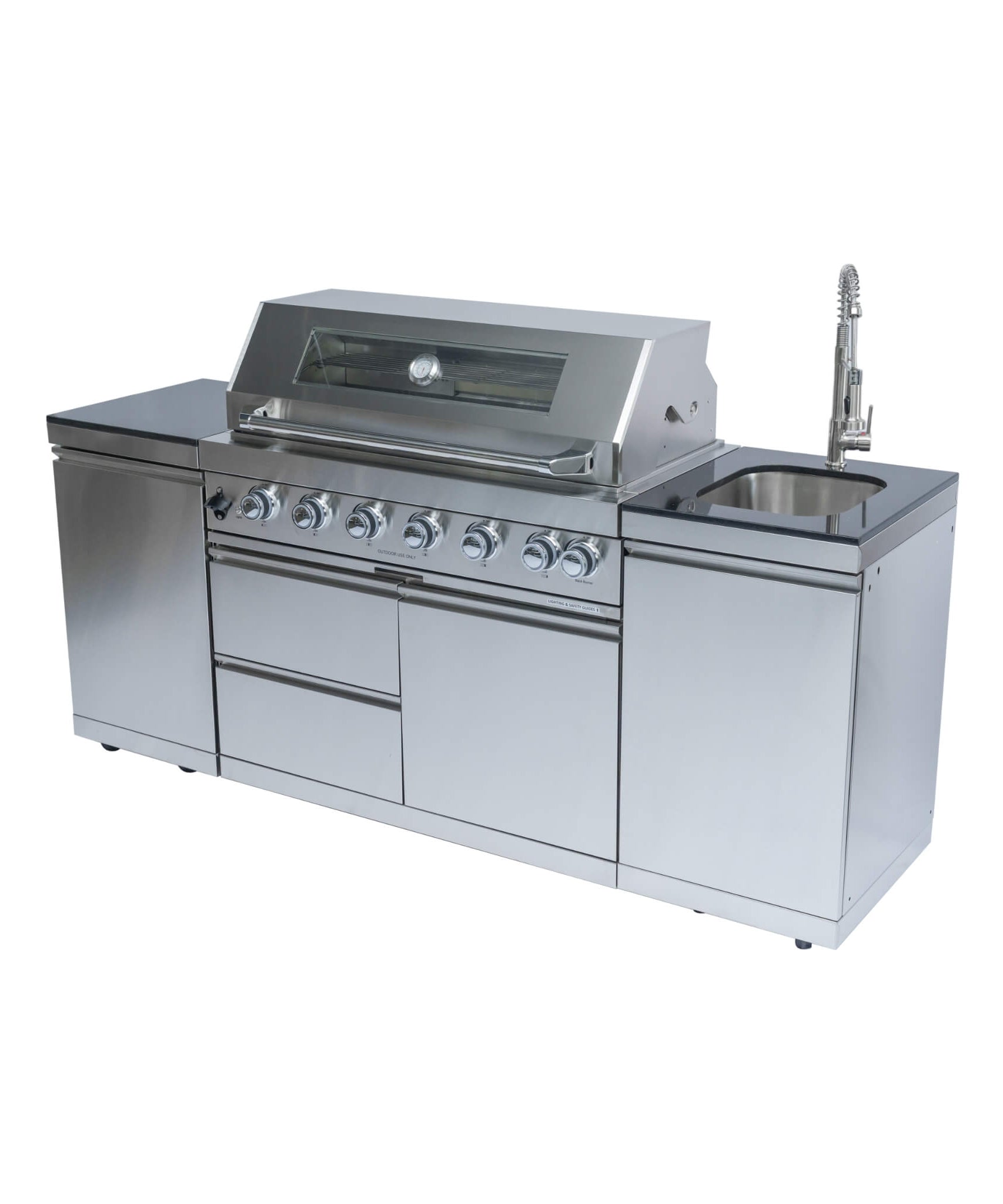 Castelle Flame Valmont 43-Inch 6-Burner 85K BTU Outdoor BBQ Kitchen Grill Island With Granite Countertops, Rotisserie Kit, Cabinets, And Sink (SAK73518)