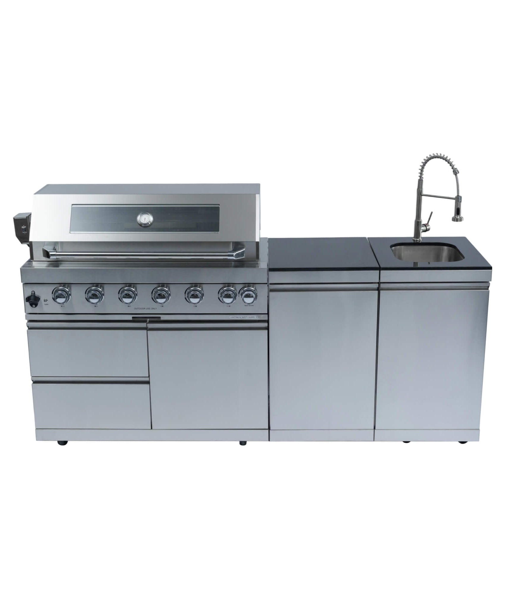 Castelle Flame Valmont 43-Inch 6-Burner 85K BTU Outdoor BBQ Kitchen Grill Island With Granite Countertops, Rotisserie Kit, Cabinets, And Sink (SAK73518)